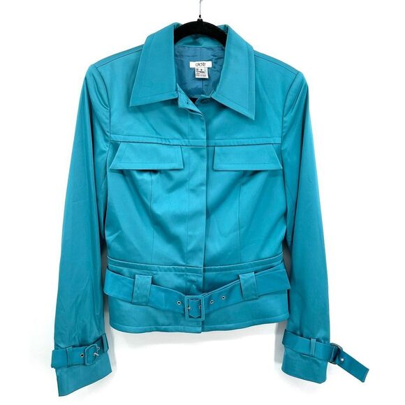 CACHE Vintage Y2K Satin Teal Blue Belted Button Up Moto Jacket Size 8 - Picture 1 of 7